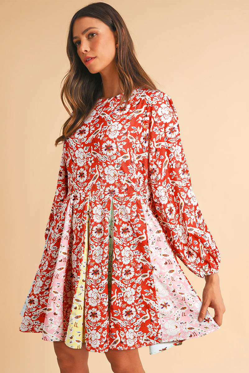 Red Colorful Floral Patchwork Long Sleeve Pleated Mini Dress