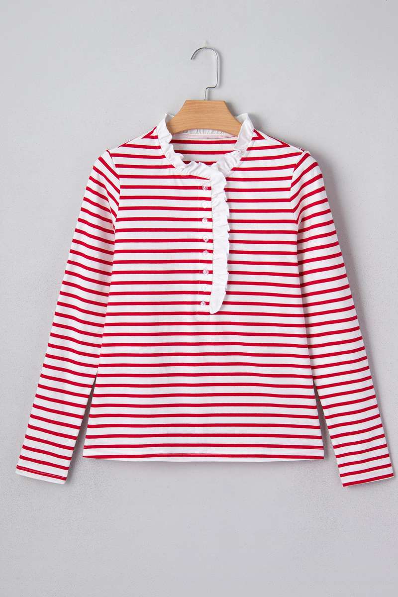 Red Stripe Contrast Frilled Trim Half Button Long Sleeve Top