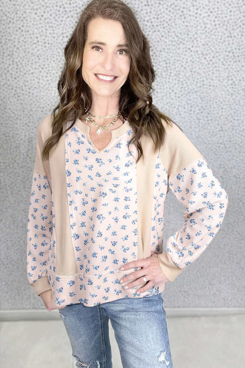 Beige Waffle Knit Floral Color Block Patchwork Balloon Sleeves Oversized Top