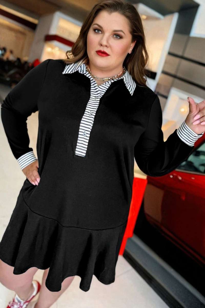 Black Plus Size Striped Cuffs Polo Collar Patchwork Long Sleeve Ruffle Hem Dress