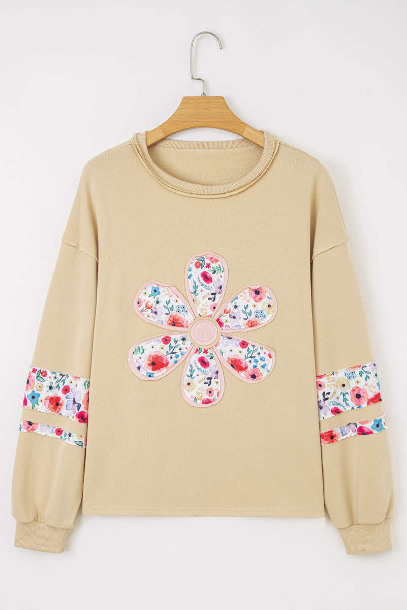 Pale Khaki Floral Applique Baggy Pullover Sweatshirt