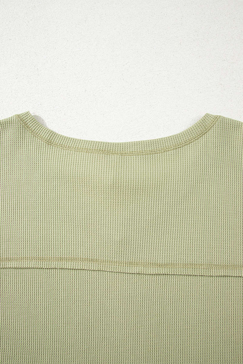 Green Exposed Seam Half Sleeve Knitted V Neck Textured Top