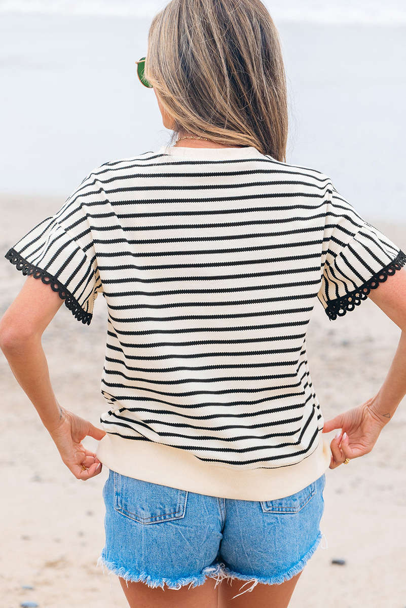 Black Stripe Scallop Lace Trim Ruffle Short Sleeves Crewneck Top