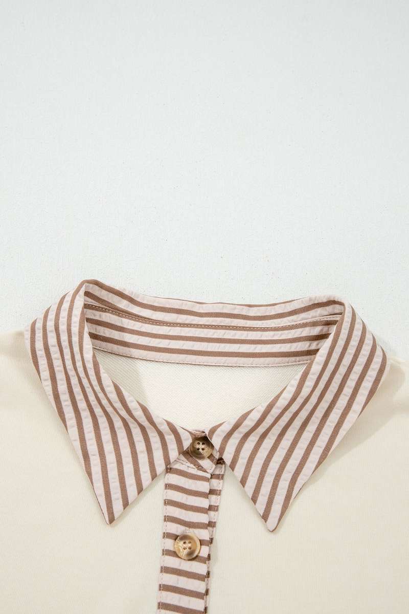 Khaki Stripe Plus Size Color Block Patchwork Half Button Long Sleeve Peplum Blouse
