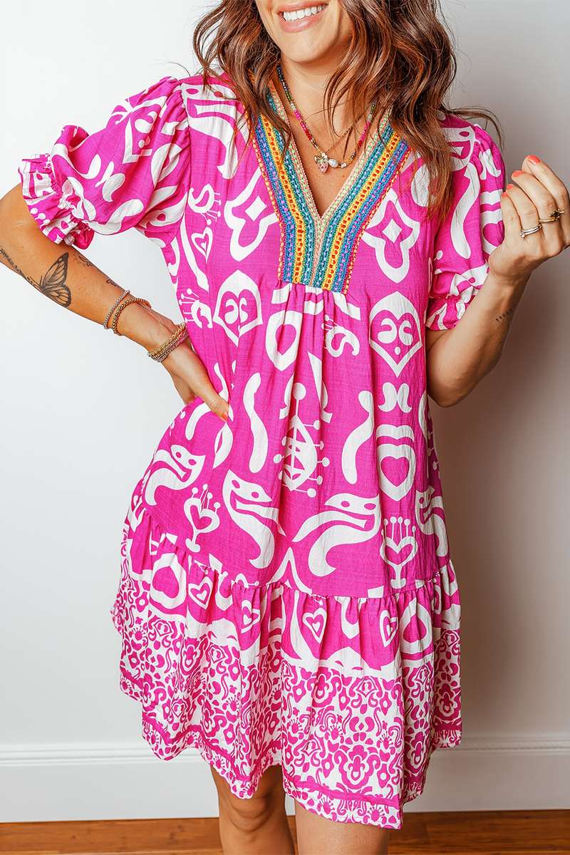 Rose Boho Mixed Print Contrast Trim V Neck Short Sleeve Flared Dress