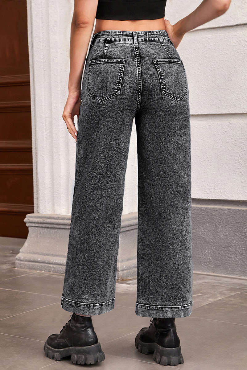 Black Chic Patch Pocket Straight Leg Loose Jeans