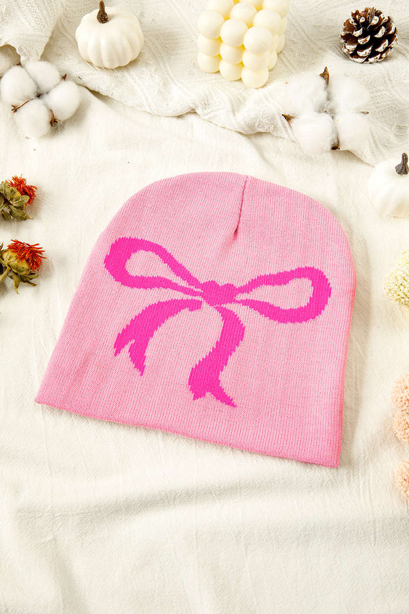 Pink Ribbon Bow Print Soft Knit Beanie