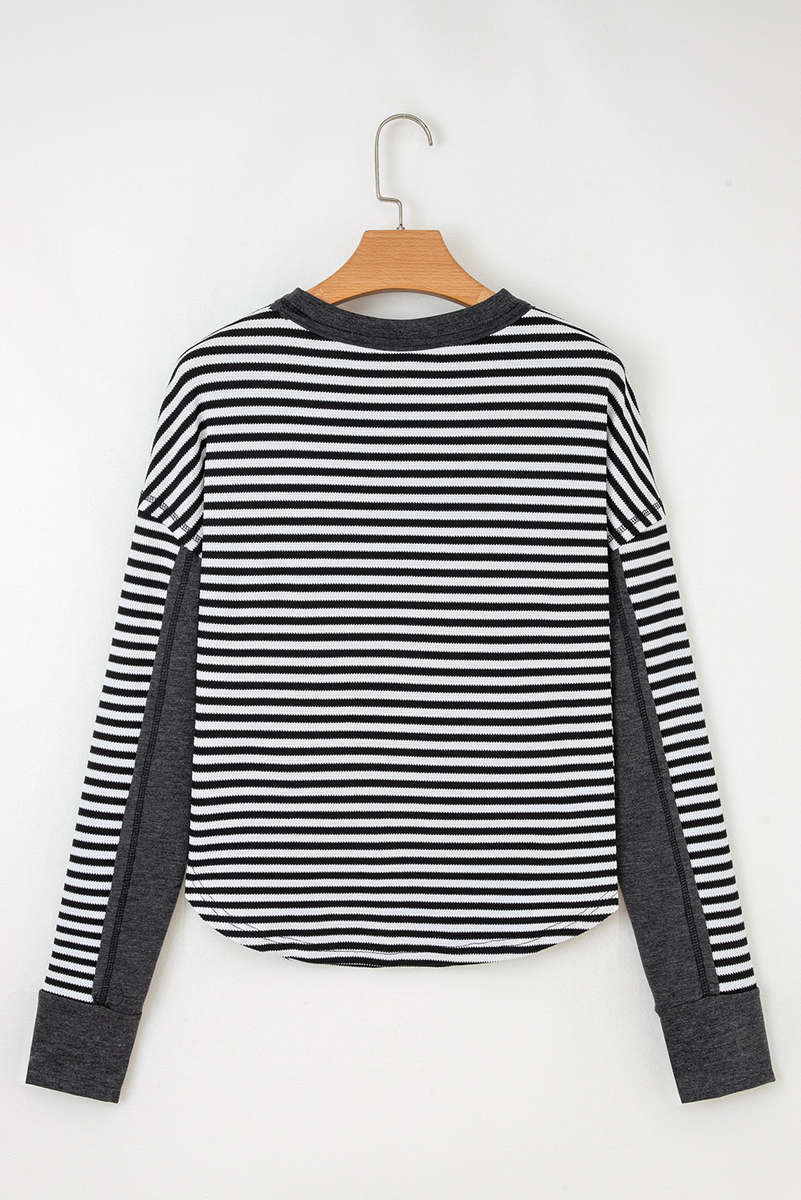 Black Stripe Thermal Knit Drop Shoulder Casual Top