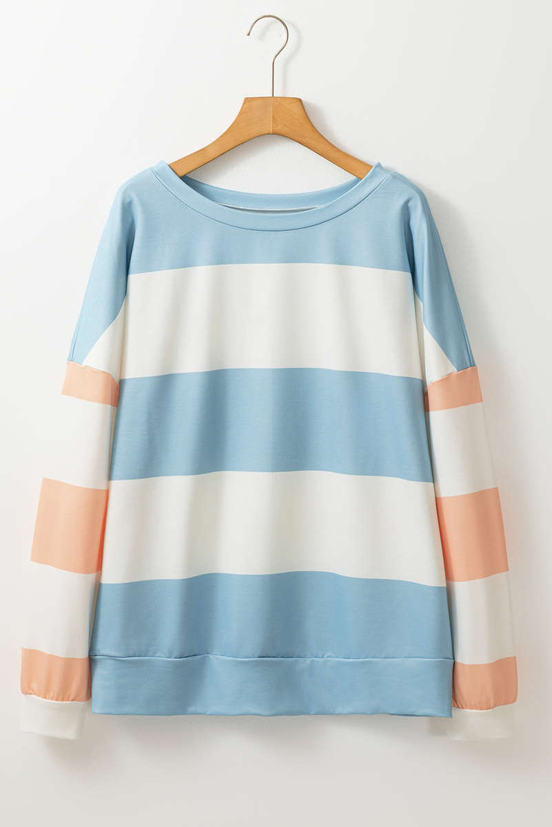 Light Blue Colorblock Striped Drop Shoulder Long Sleeve Top