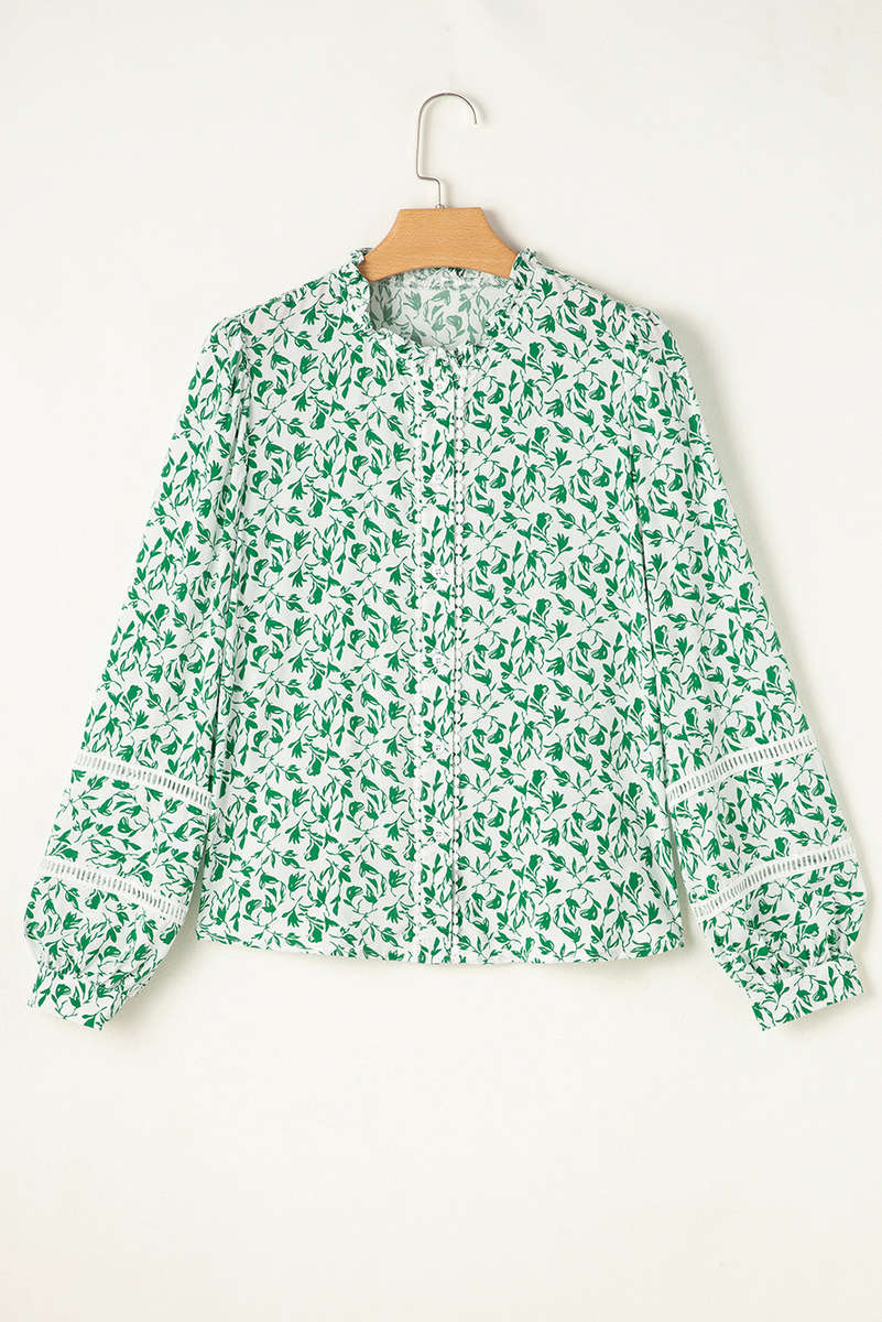 Green Printed Lace Detail Floral Puff Sleeve Fall Shirt