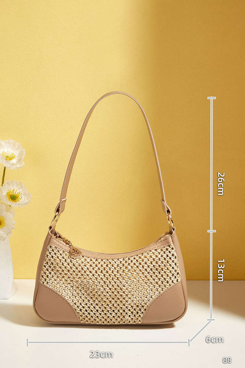 Khaki Straw Woven PU Leather Patchwork Shoulder Bag