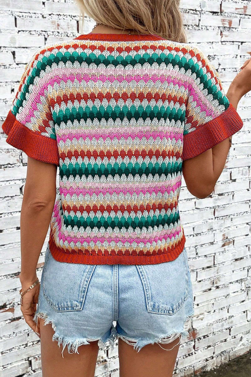 Fiery Red Trimmed Ruffle Sleeve Colorful Textured Sweater