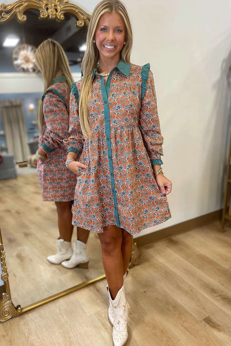 Orange Boho Floral Contrast Collared Shirt Mini Dress