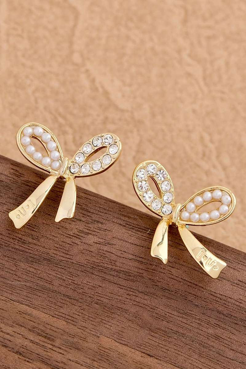 Gold Rhinestone Pearl Bow Earrings