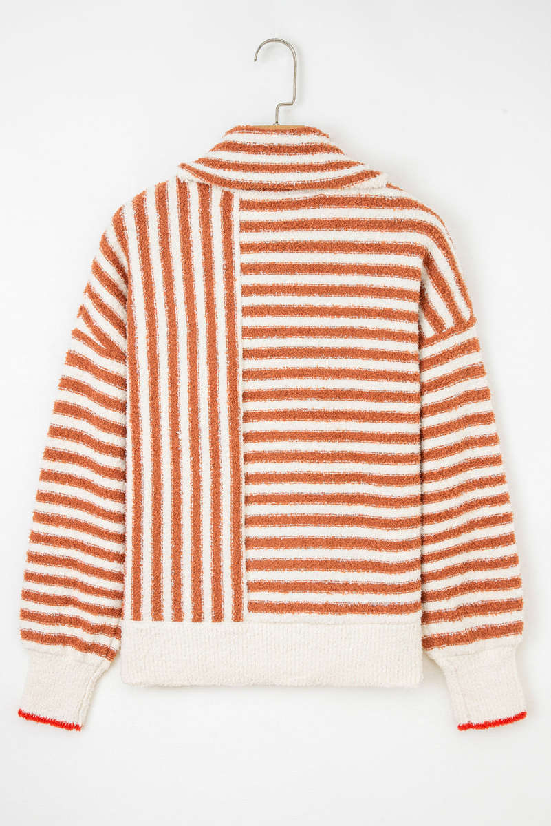 Orange Stripe Cowl Neck Drop Shoulder Sweater
