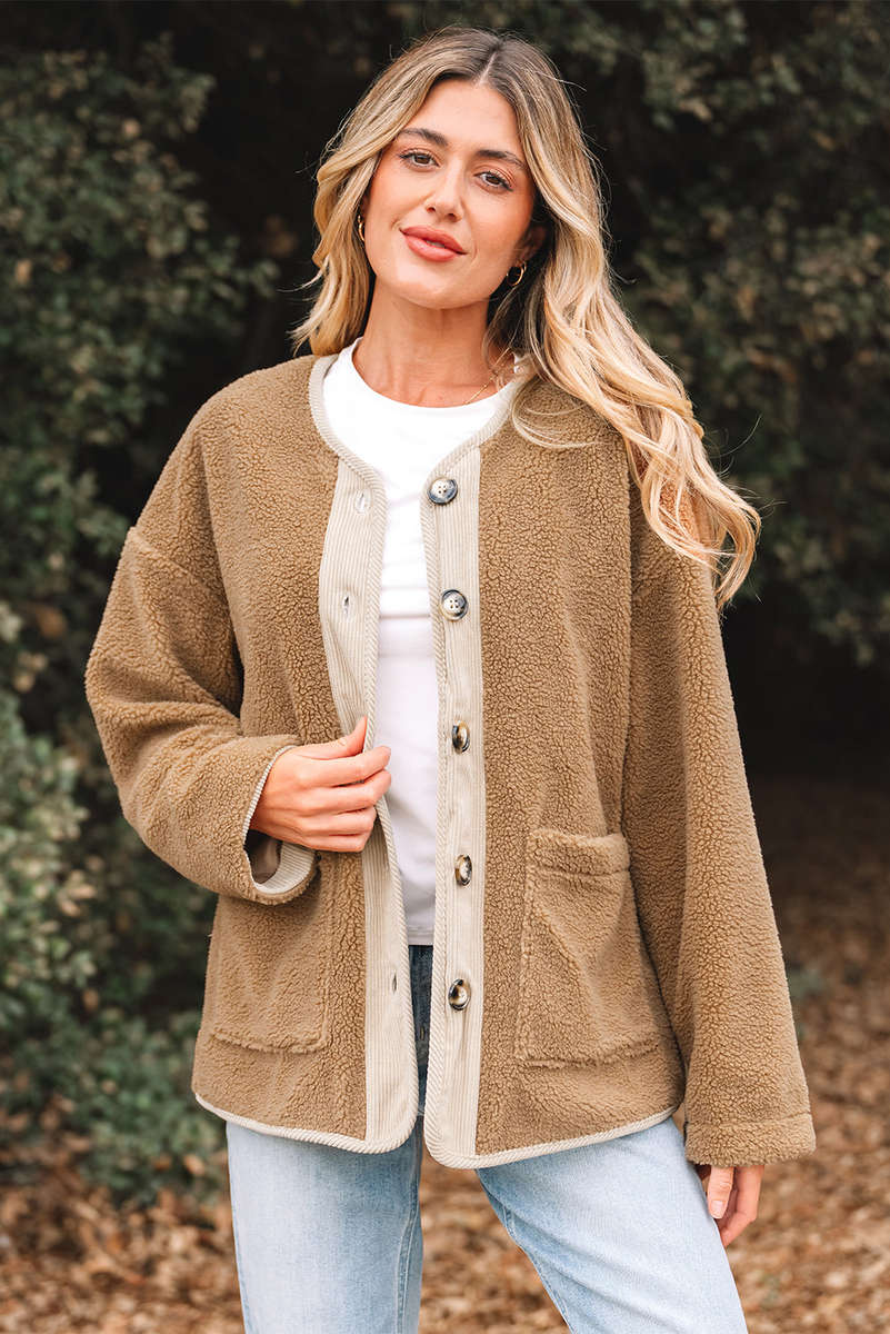 Light French Beige Puffy Plush Corduroy Edge Patchwork Jacket with Big Pockets