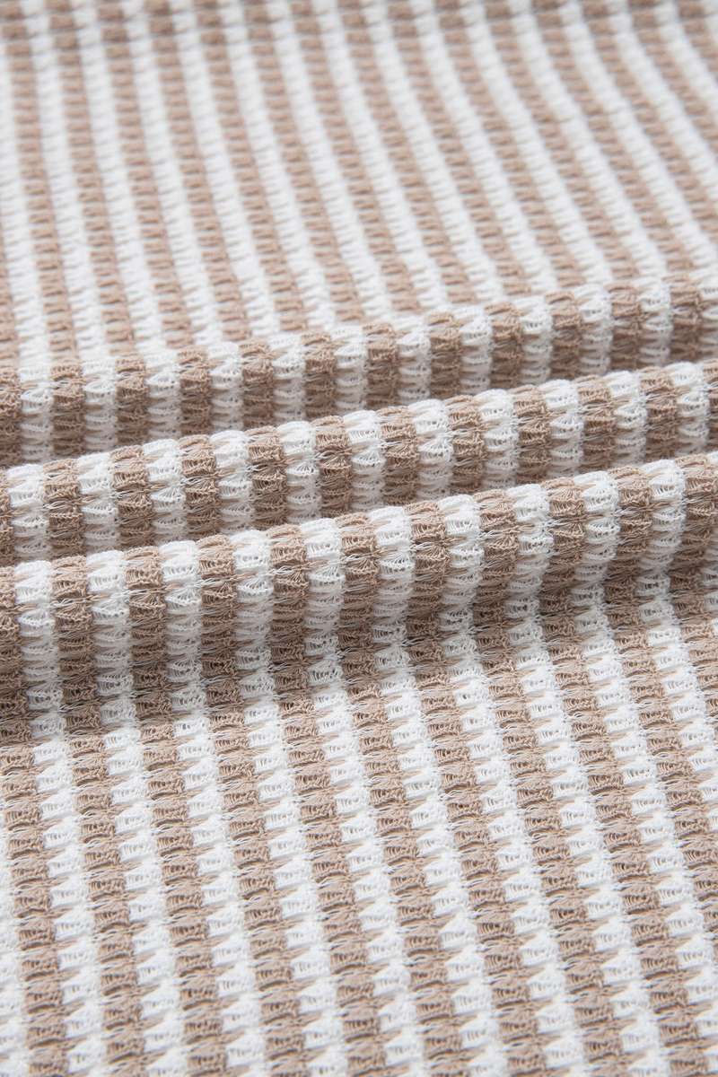 Beige Striped Textured Knit V Neck Casual Top