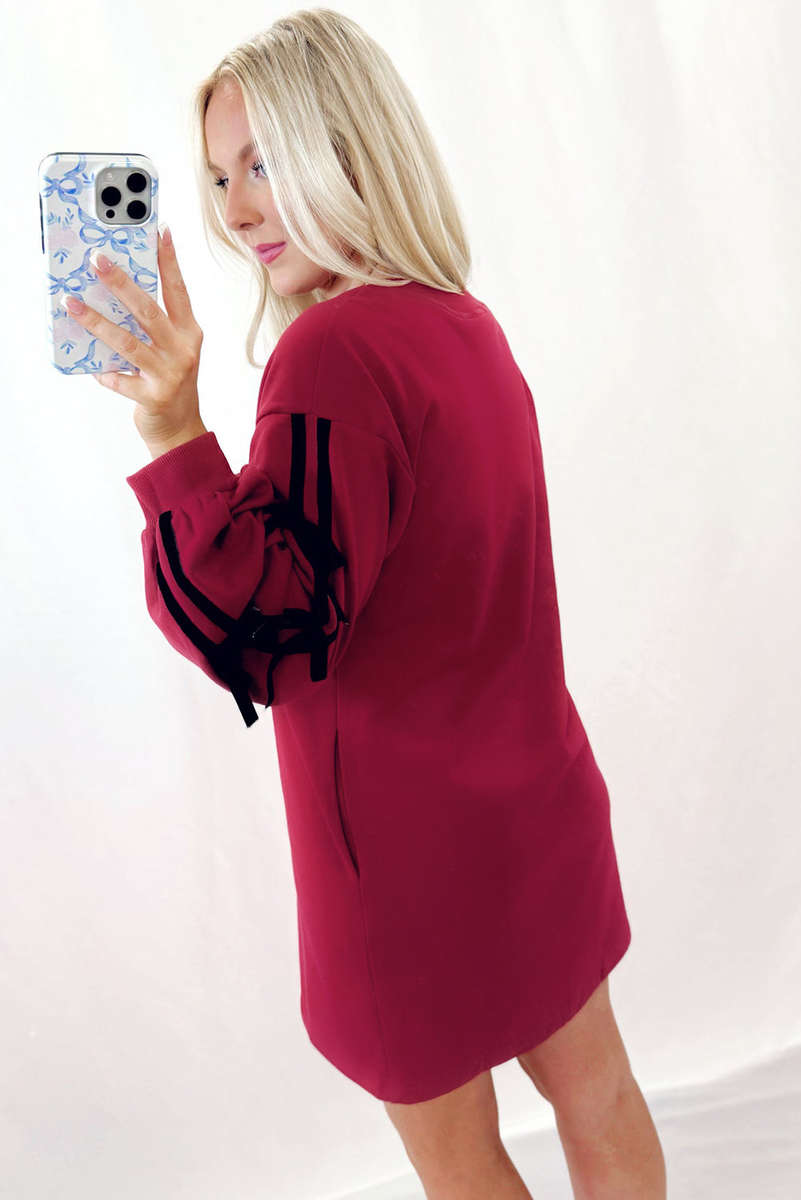 Racing Red Contrast Striped Bow Detail Drop Shoulder Sweatshirt Dress with Pockets