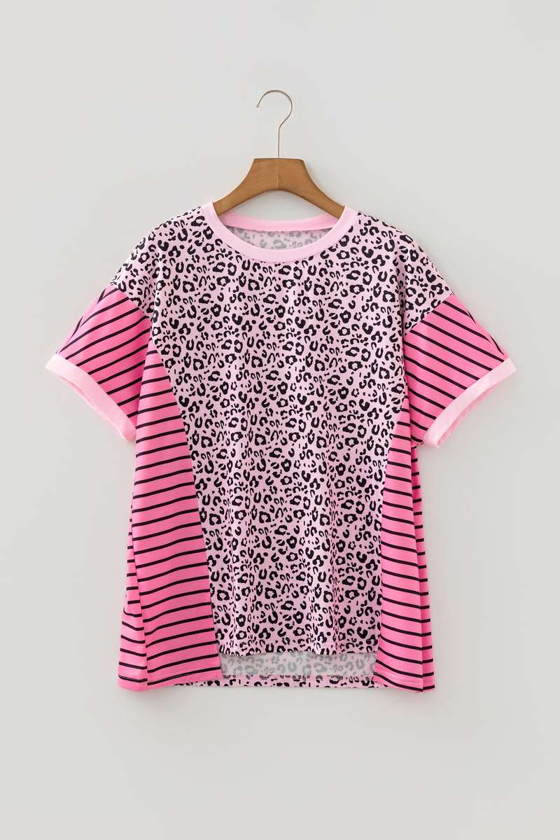 Pink Leopard Striped Patchwork Side Slit Loose Short Sleeve Top