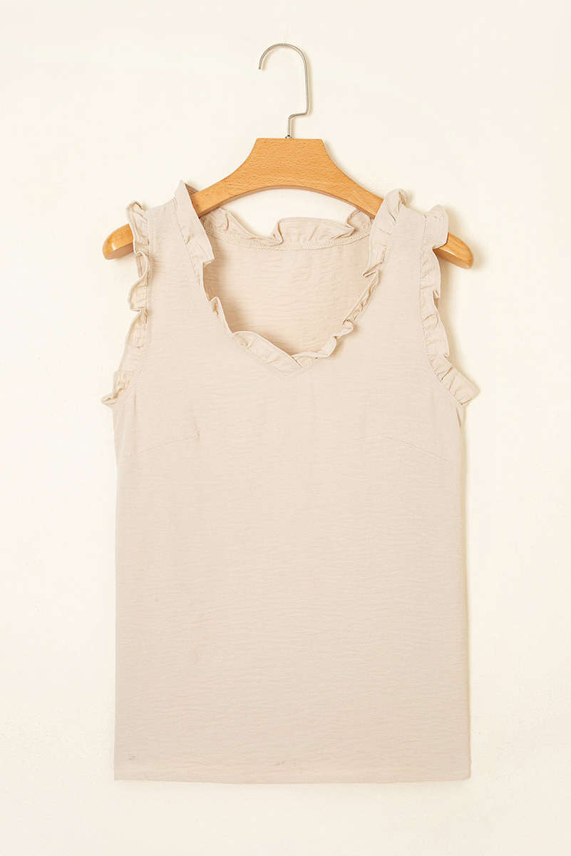 Parchment Textured Frilly Trim V Neck Sleeveless Top