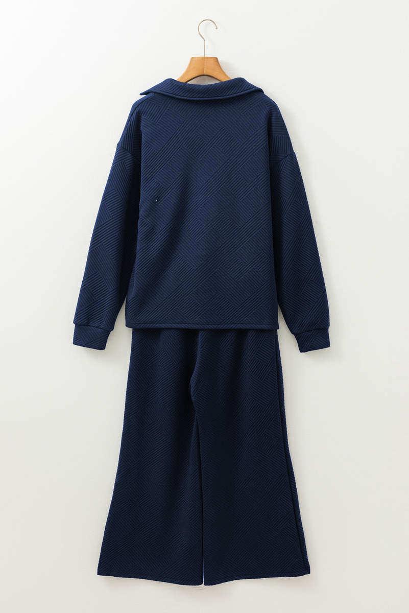 Sail Blue Solid Textured Collared V Neck Top and Wide Leg Pants Set