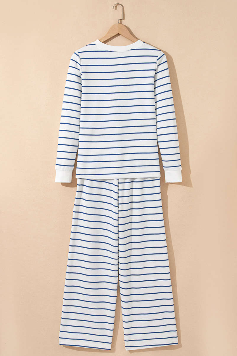 Sail Blue Striped Long Sleeve Top Drawstring Wide Leg Pants 2pcs Outfit