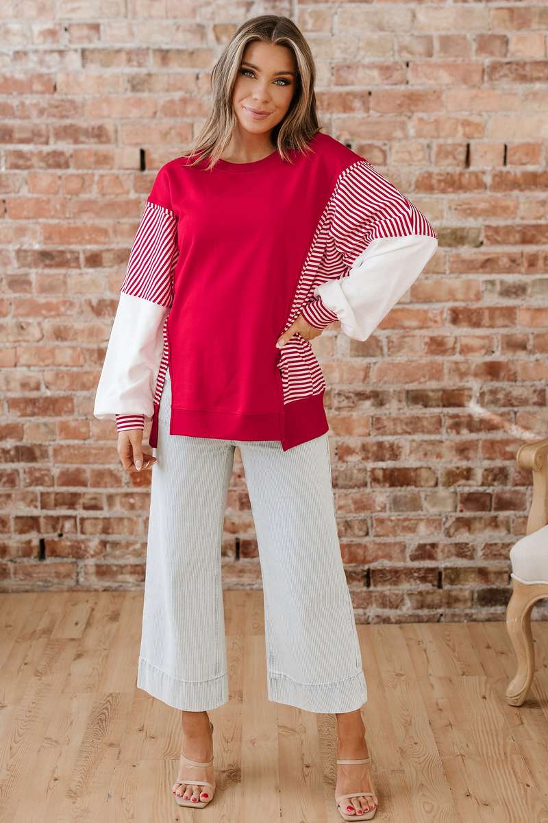 Fiery Red Striped Patchwork Sleeve Colorblock Sweatshirt