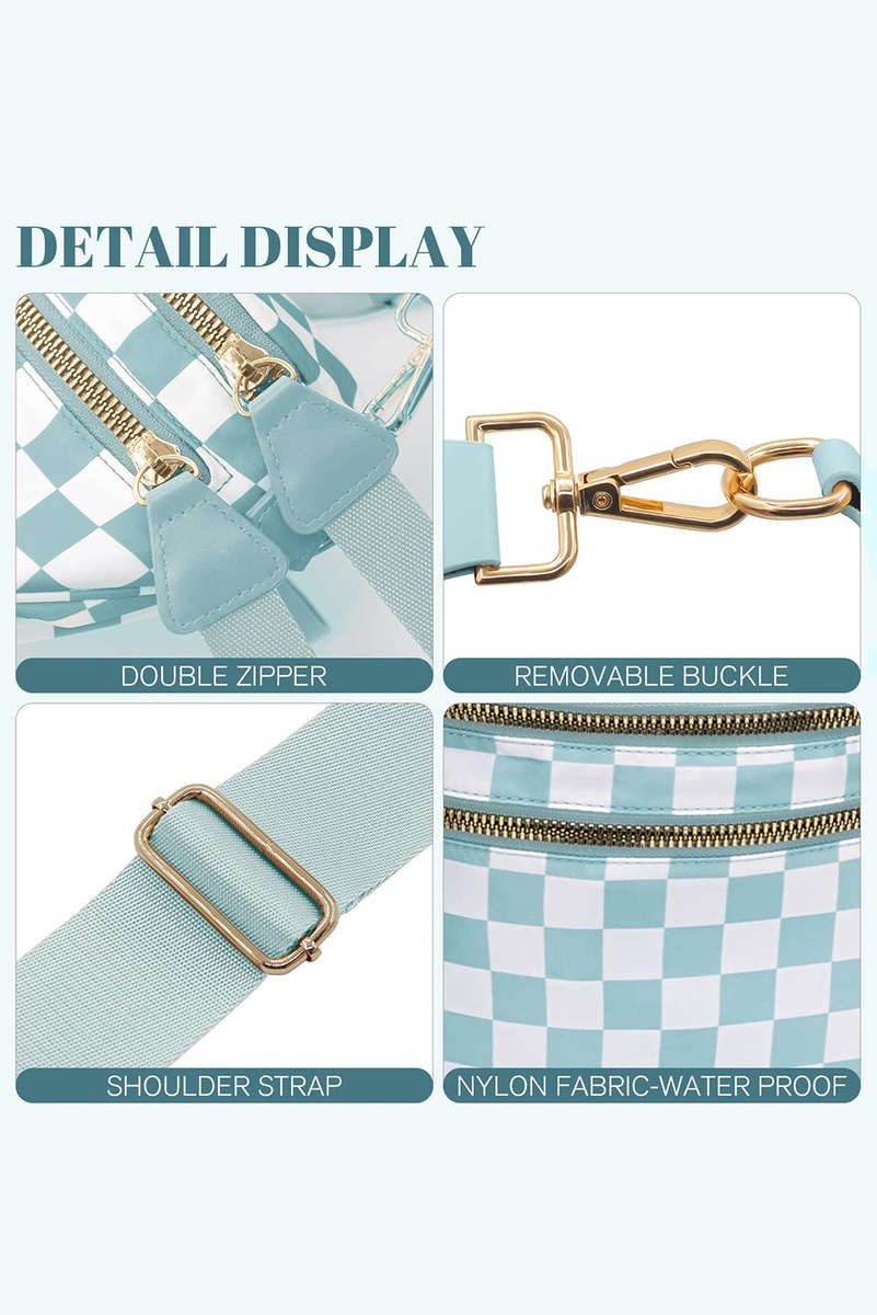 Mist Blue Checkered Print Wide Strap Large Crossbody Bag