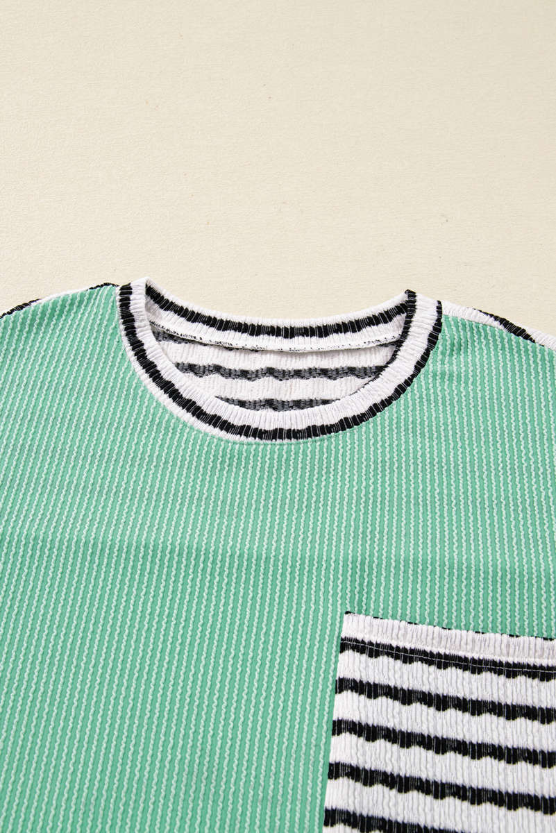 Sea Green Twisted Ribbed Contrast Round Neck Striped Patchwork Long Sleeve Top