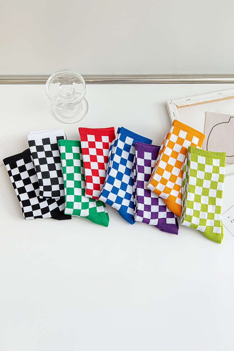Black Checkerboard Print Cotton Socks