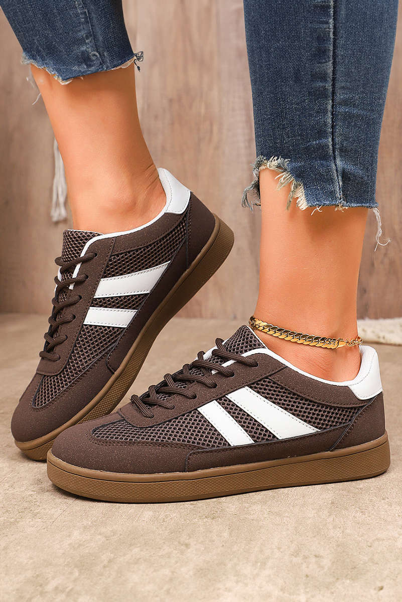 Coffee Breathable Mesh PU Leather Patchwork Lace-up Shoes