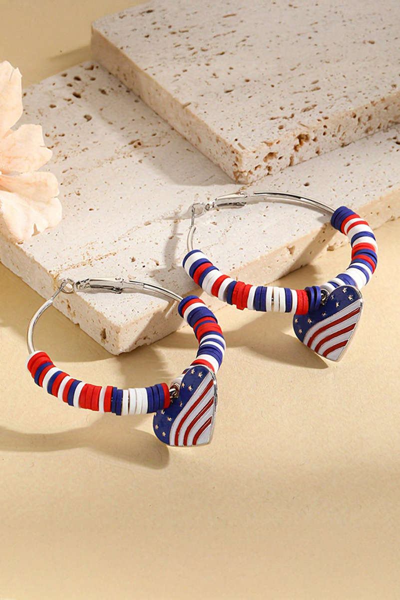 Silvery US Flag Heart Pendant Beaded Big Hoop Earrings