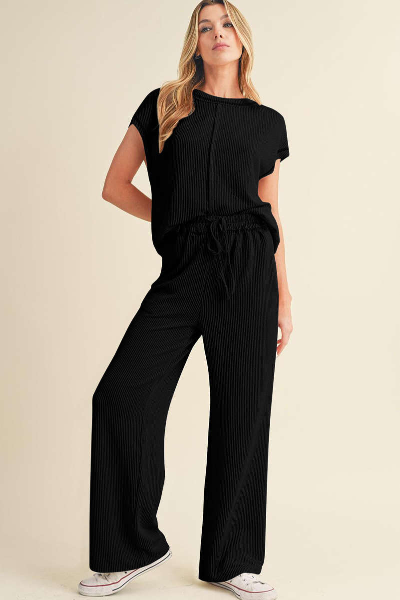 Black Solid Color Corded Short Sleeve Top and Casual Pants Set
