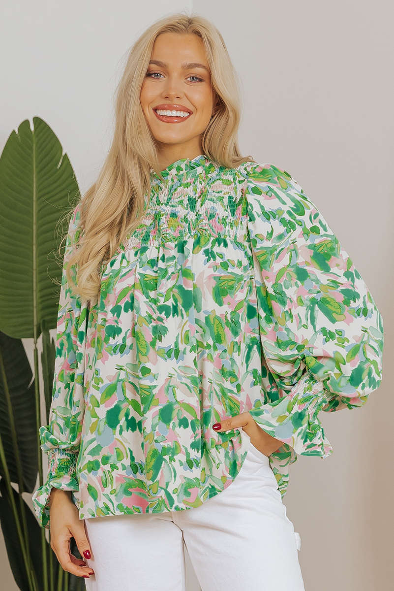 Green Leafy Printed Flounce Sleeve Shirred Mock Neck Blouse