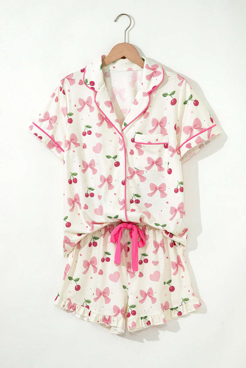Beige Bow Fruit Print Contrast Pipping Short Pajamas Set