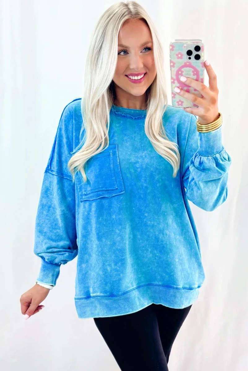 Blue Mineral Wash Raw Seam Double Patched Pocket Pullover Sweatshirt