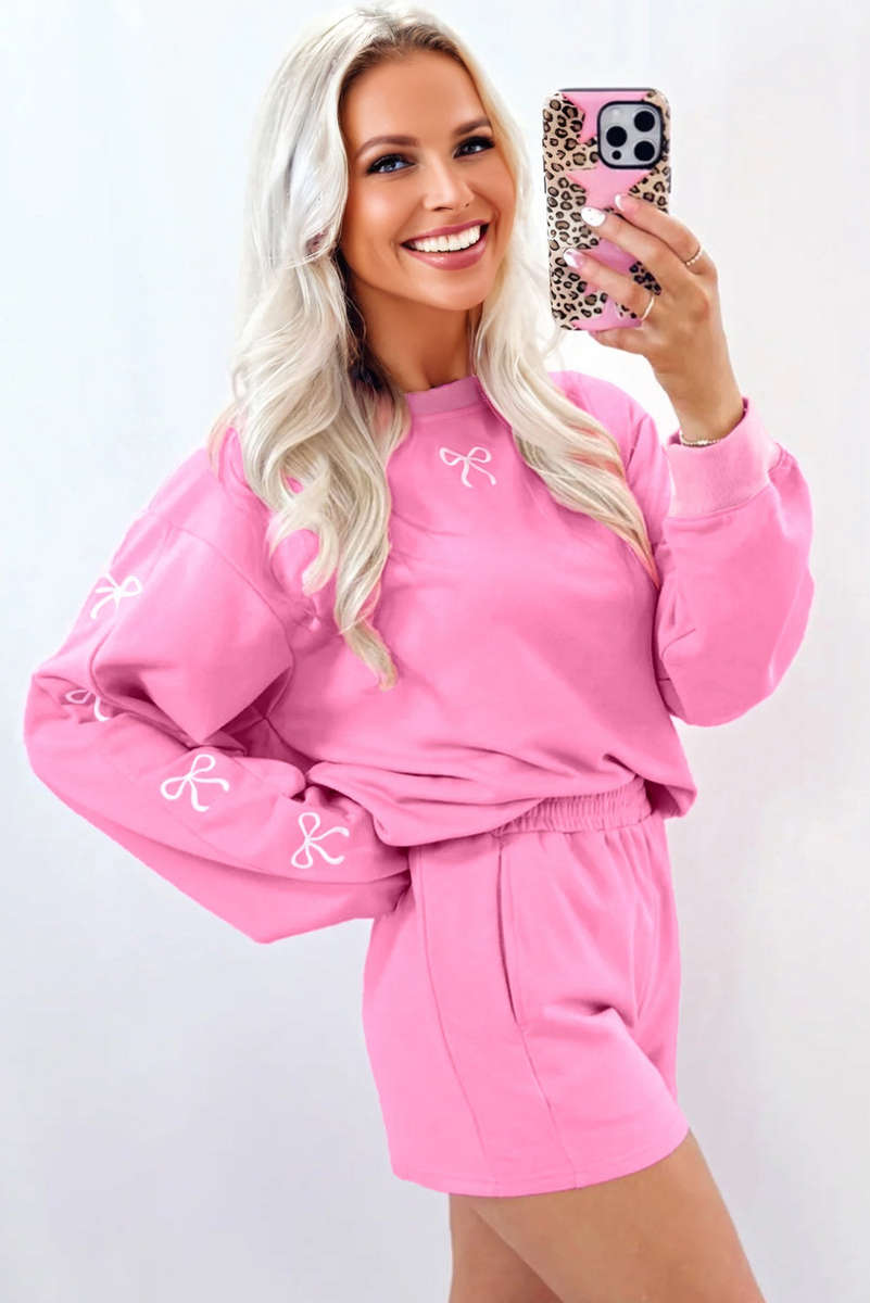 Sachet Pink Girly Bow Embroidered Detail Puff Sleeve Pullover 2pcs Short Set
