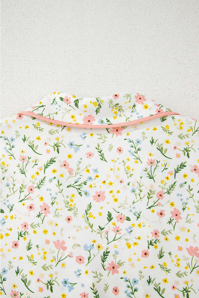 White Floral Print Contrast Pipping Short Pajamas Set