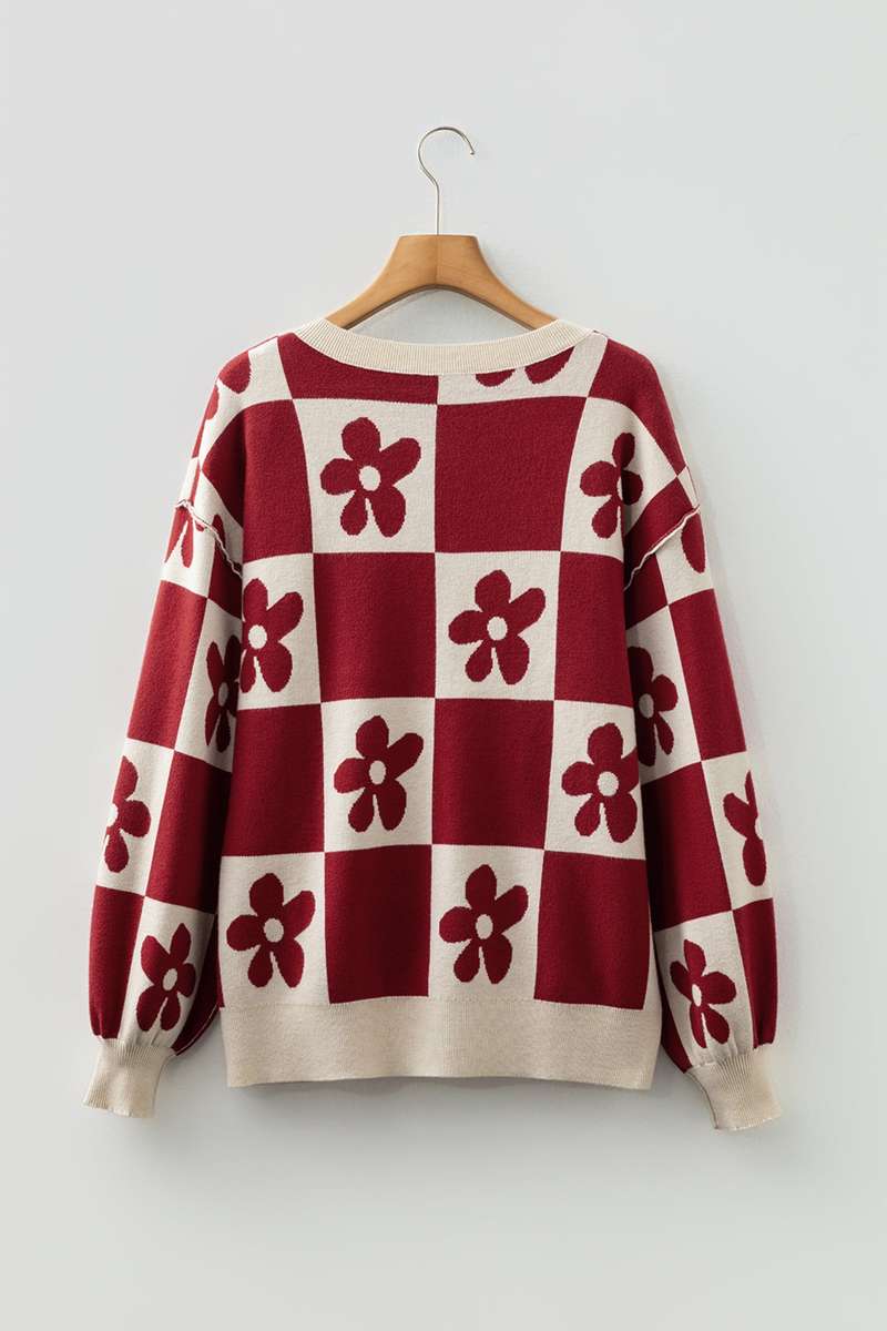 Red Dahlia Flower Plaid Henley Baggy Sweater