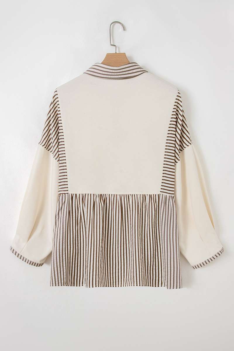 Khaki Stripe Plus Size Color Block Patchwork Half Button Long Sleeve Peplum Blouse
