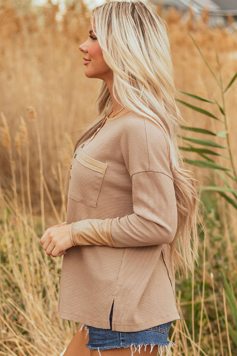Dark Khaki Color Block Waffle Textured Tunic Henley Top with Slits