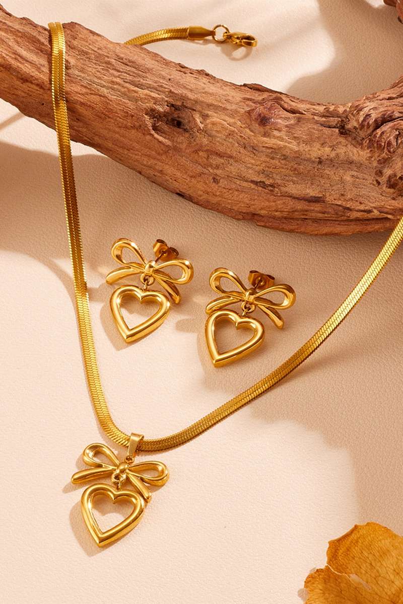 Gold Plated Hollowed Heart Bow Studded Earrings