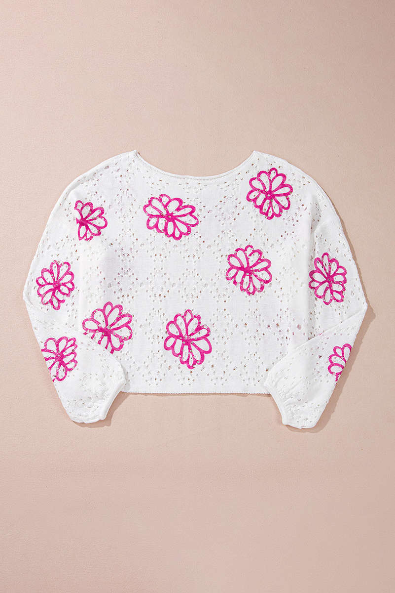 White Contrast Flower Print Eyelet Drop Shoulder Sweater