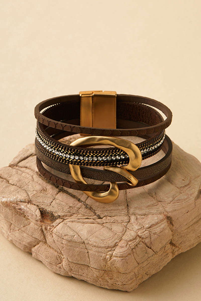 Coffee PU Leather Straps Rhinestone Embedded Retro Magnetic Buckle Bracelet