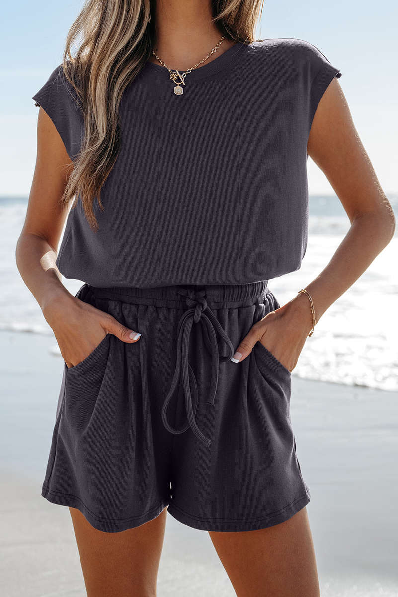 Bristol Black Knit Open Back Cap Sleeve Drawstring Elastic Waistband Romper