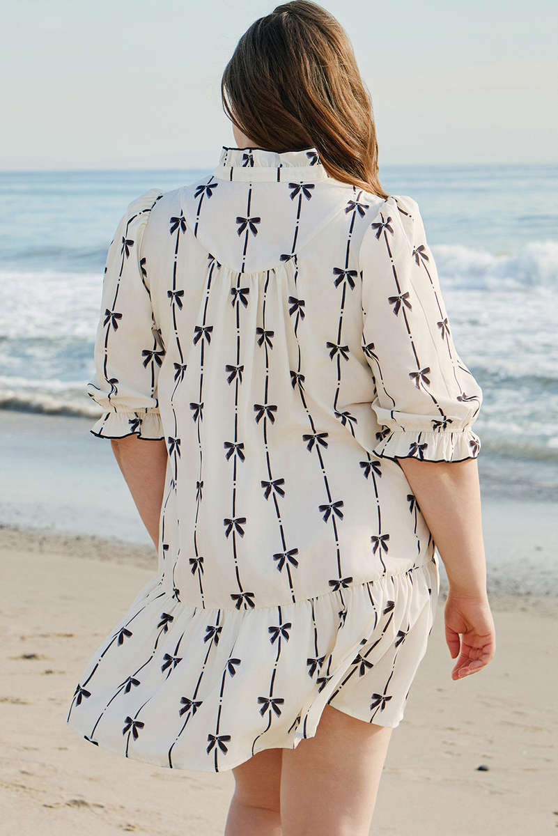 Apricot Bow Printed Puff Sleeve Ruffled Plus Size Mini Dress