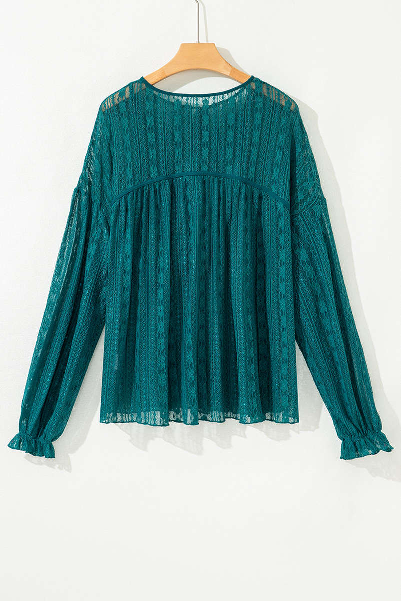 Evergreen Sheer Lace Balloon Sleeve Babydoll Blouse