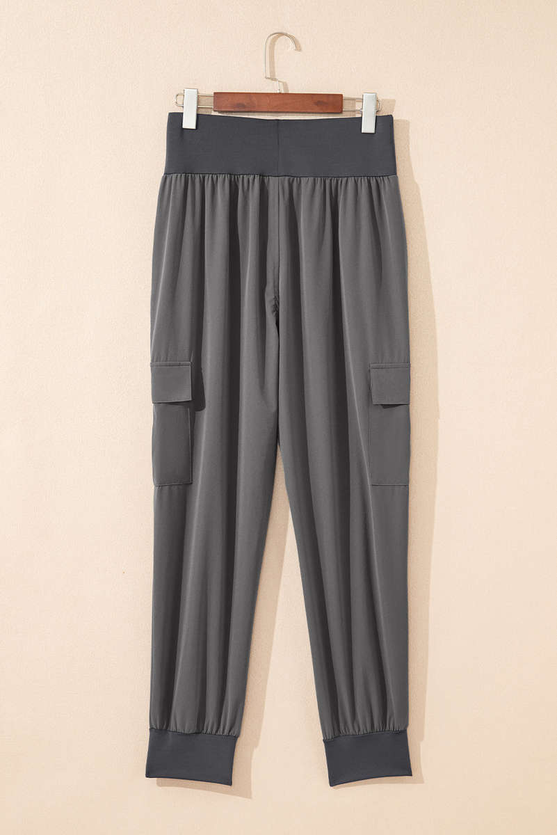 Medium Grey Elastic High Waist Pocketed Cargo Jogger Pants