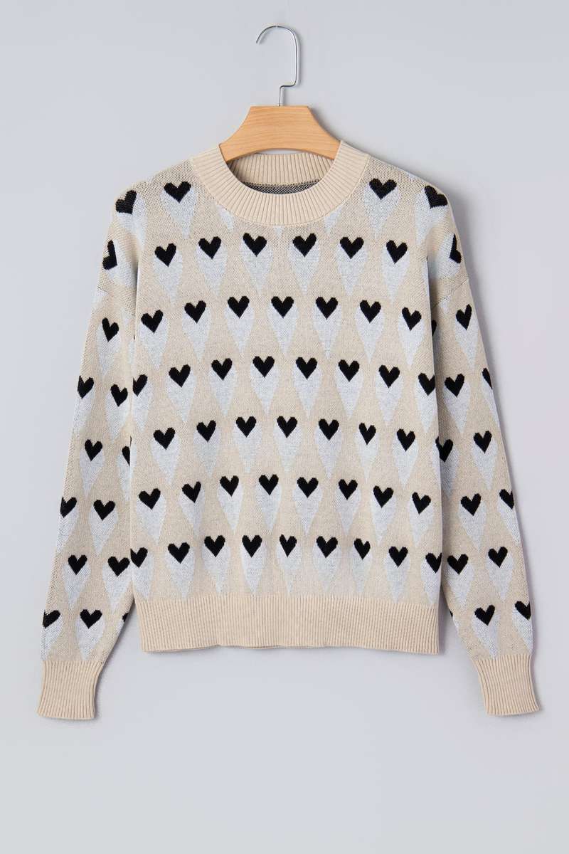 Parchment Geometric Heart Print Ribbed Trim Loose Sweater