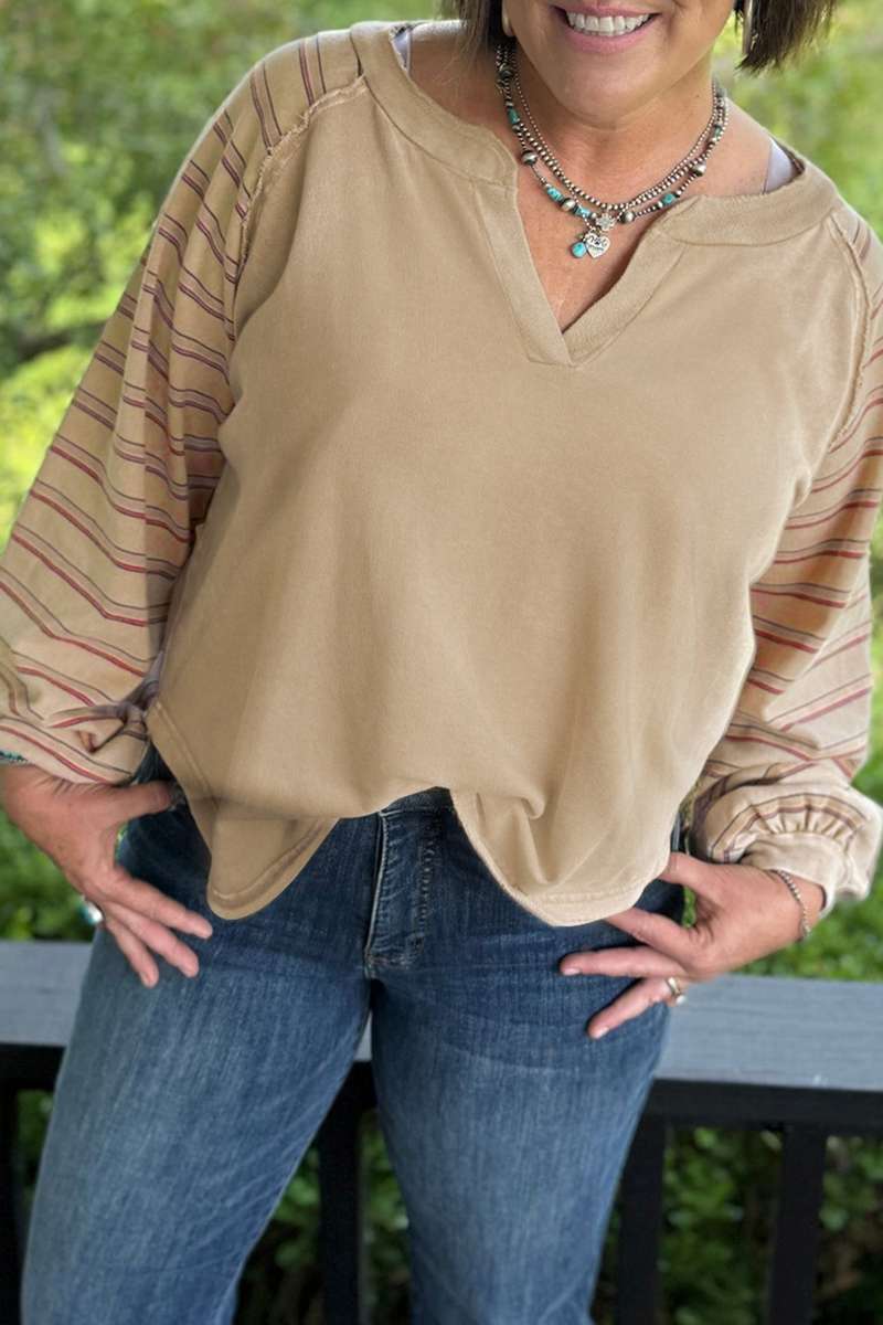 Parchment Striped Raglan Sleeve Notched Neck Raw Edge Plus Size Jumper